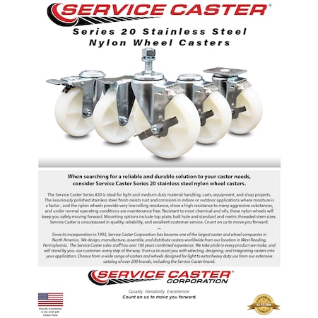 Service Caster 4 Inch SS Nylon Wheel 3/8 Inch Threaded Stem Caster Total Lock Brake SCC, 2PK SCC-SSTSTTL20S414-NYS-381615-2-S2